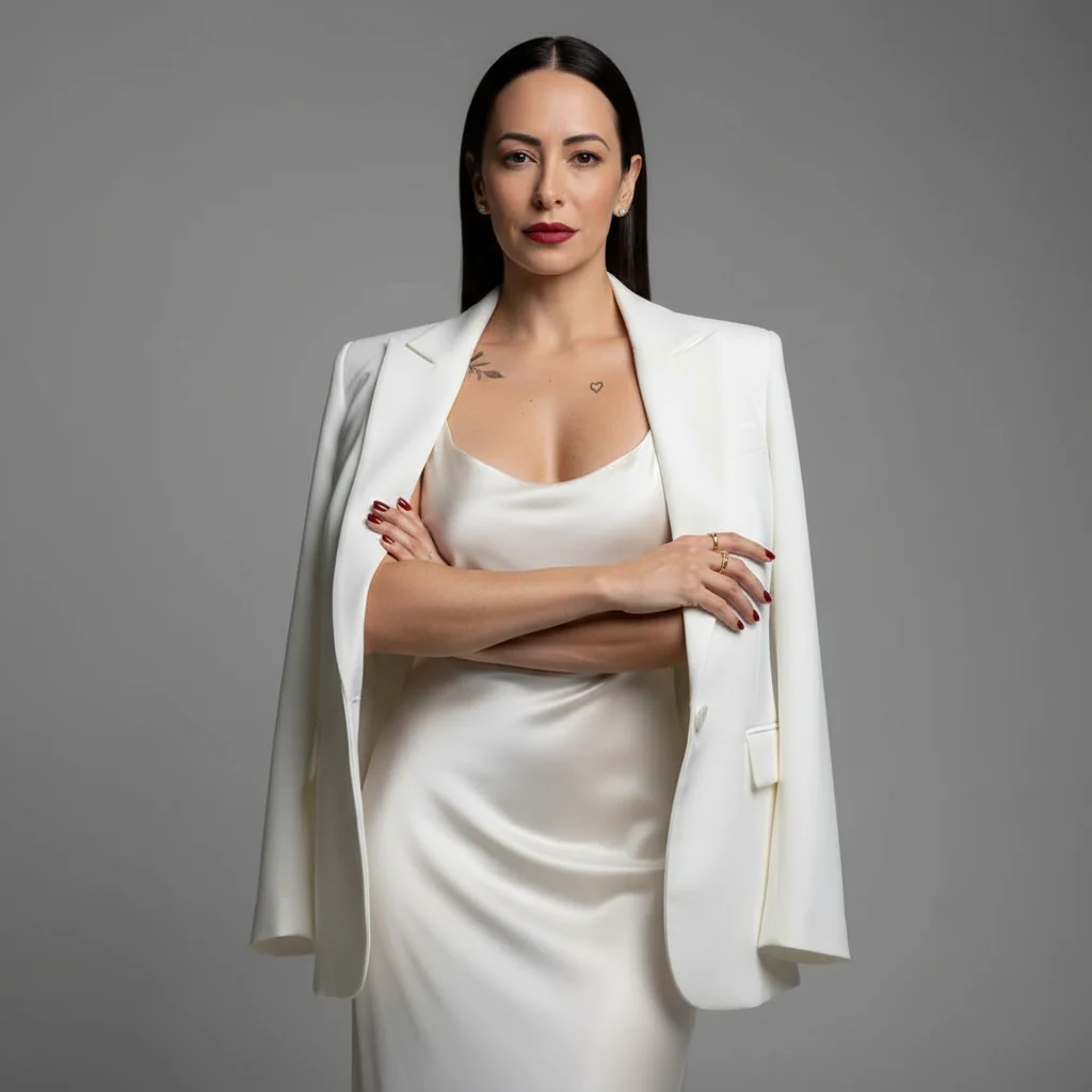 Mulher de branco em estúdio