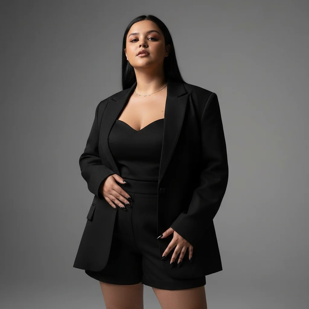 Mulher de preto em estúdio